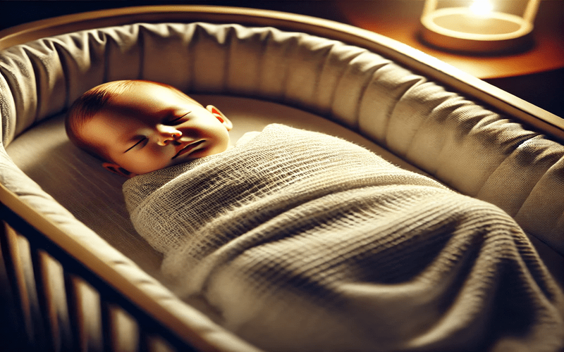 A newborn baby swaddled in a soft blanket, peacefully sleeping in a cozy bassinet under warm lighting. Learn tips for getting newborn to sleep in bassinet for a restful night.