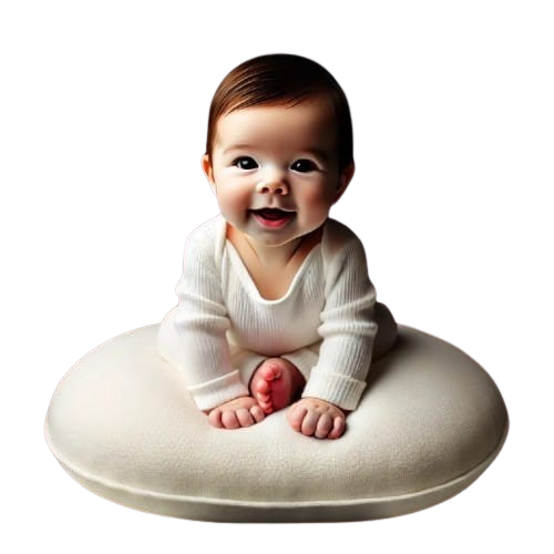 A smiling baby sitting on a soft cushion, representing newborn baby care essentials and tips for comfort and well-being.