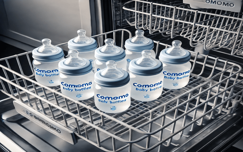 Comotomo baby bottles placed on the top rack of a dishwasher, highlighting their dishwasher-safe design. If you're wondering, are Comotomo bottles dishwasher safe, this image demonstrates the proper way to clean them safely and conveniently.
