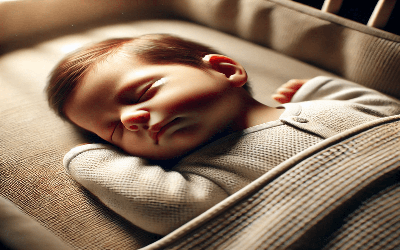 A newborn baby sleeping in a crib with their head tilted back. This position is often seen when a baby sleeps with head tilted back, helping with breathing and comfort.