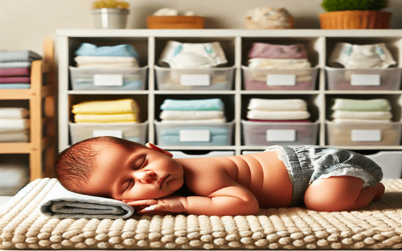 A newborn baby sleeping on a cozy mat, wearing a reusable cloth diaper. Behind the baby, neatly arranged cloth diapers are stored in labeled bins on shelves. This image highlights an organized and sustainable diapering system while answering the common question—how many cloth diapers do I need for a newborn?