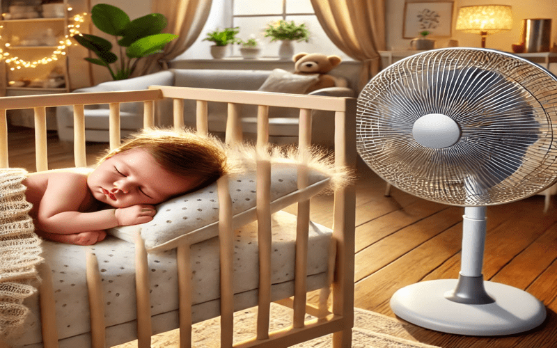 A newborn baby sleeping peacefully in a cozy crib, with a modern fan running nearby. The nursery is warm and inviting, creating a safe and comfortable sleep environment. This image highlights the discussion around can a newborn sleep with a fan, offering insights into proper ventilation and sleep safety.