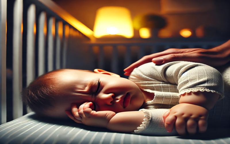 A restless baby lying in a crib, rubbing their eyes, and struggling to fall asleep. The dim nursery lighting and a parent's comforting touch highlight the challenges of overtiredness. Will an overtired baby eventually sleep? Learn how to help them settle.