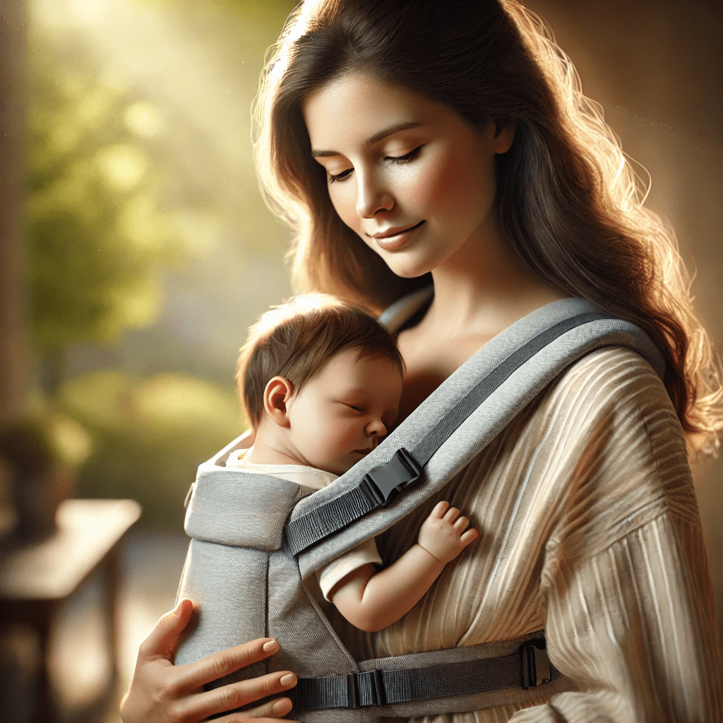 A mother carrying her sleeping baby in a soft, ergonomic baby carrier—exploring how long can baby be in carrier safely to ensure comfort and support.