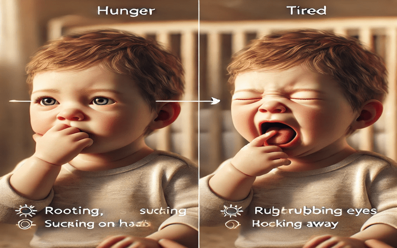 A side-by-side comparison of a newborn displaying hunger cues (rooting, sucking on hands) and tired cues (yawning, rubbing eyes). The image helps parents identify newborn hunger cues vs tired cues for better newborn care.