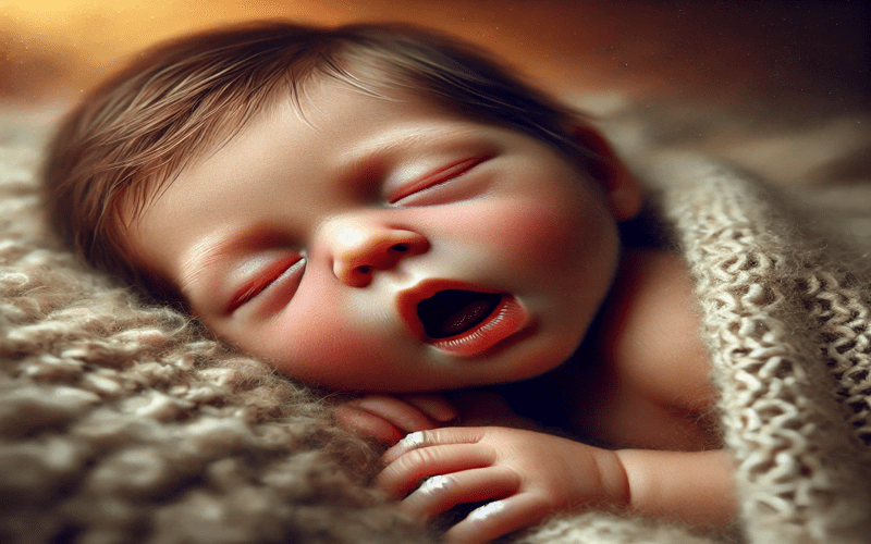 Why does my newborn sleep with his mouth open? A newborn baby sleeping with their mouth open, wrapped in a cozy knitted blanket. This peaceful sleeping position is common among infants and may have various causes.