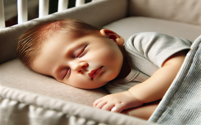 A newborn baby sleeping in a crib with a relaxed Newborn Sleeping Head Position, showcasing a safe and natural posture for restful sleep.