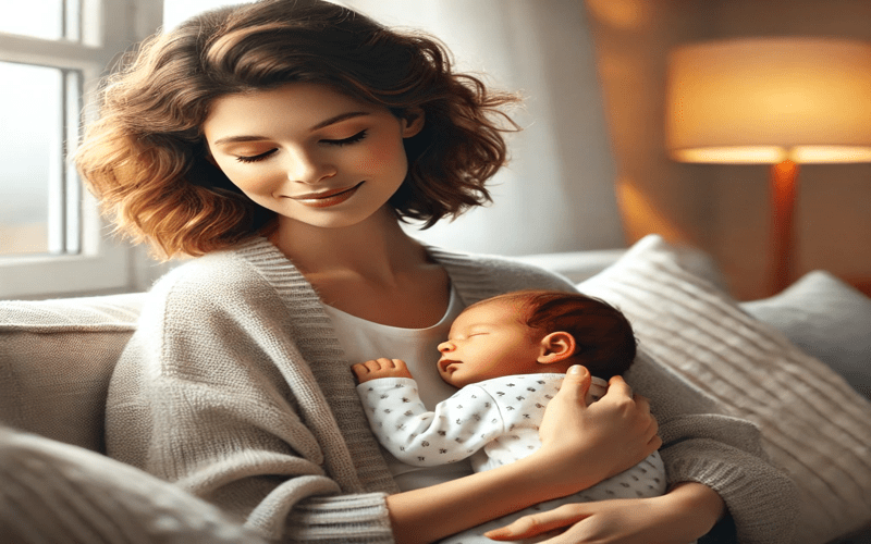 A mother with wavy brown hair sits on a cozy couch, cradling her sleeping newborn. The baby, in a white onesie, rests peacefully, showing the common phase when a newborn only sleeps on my chest, seeking warmth, security, and a parent's heartbeat.