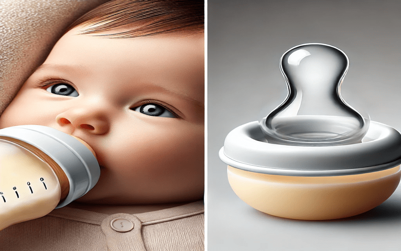 A newborn baby drinking from a baby bottle with a slow-flow nipple, designed for newborns. Next to the baby, a close-up image of a newborn nipple showcases the ideal design for what flow nipple for newborn feeding needs.