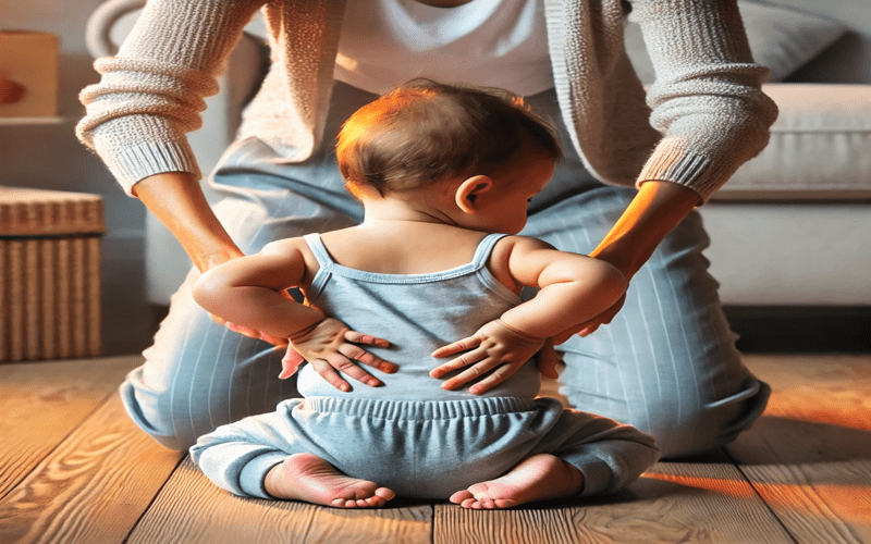 A baby sitting in a W-position with hands on the lower back, showing discomfort. A parent is gently supporting the baby, highlighting concerns about baby sitting position bad for spine health.