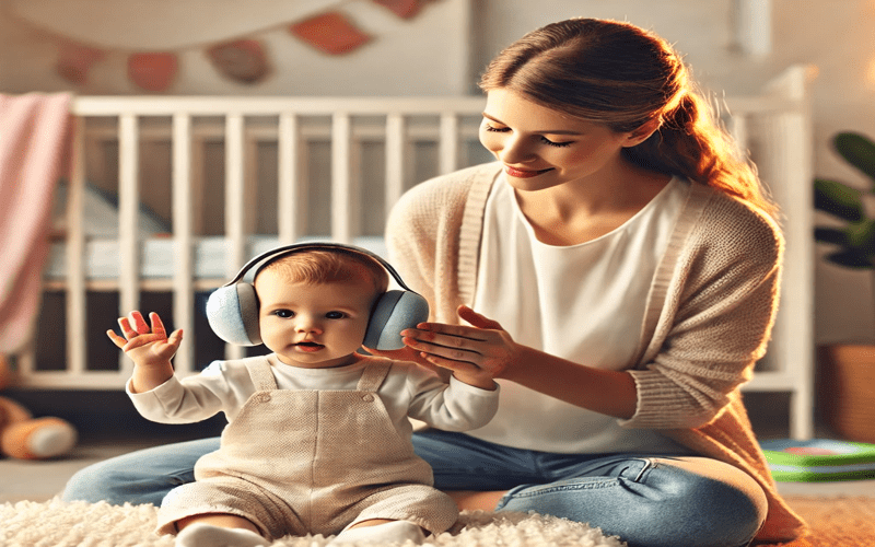 A mother checking her baby’s hearing at home by clapping behind him. This image illustrates how to test baby hearing at home using an easy and natural method.