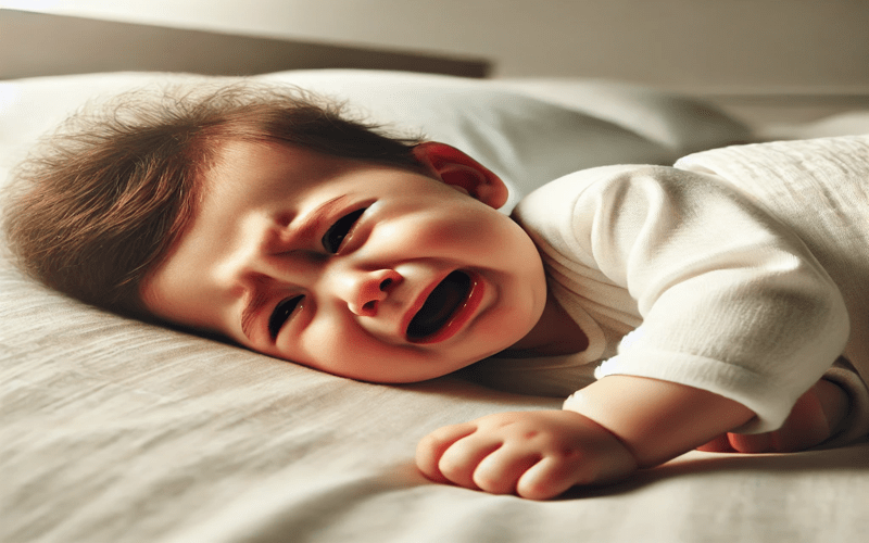 A newborn baby rolling over in sleep and waking up crying on a soft white bed, looking distressed with teary eyes.