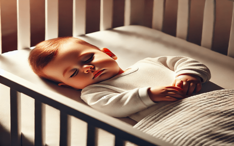 A peacefully sleeping baby in a crib, showing safe sleep positioning techniques on how to stop baby from rolling in sleep.