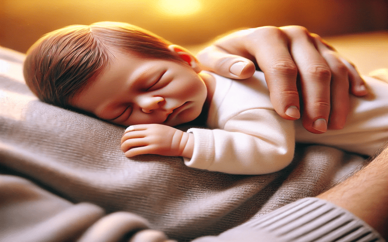 A newborn baby sleeping on his stomach on his parent's chest—answering the question, can my baby sleep on his stomach on my chest—while feeling safe and secure.
