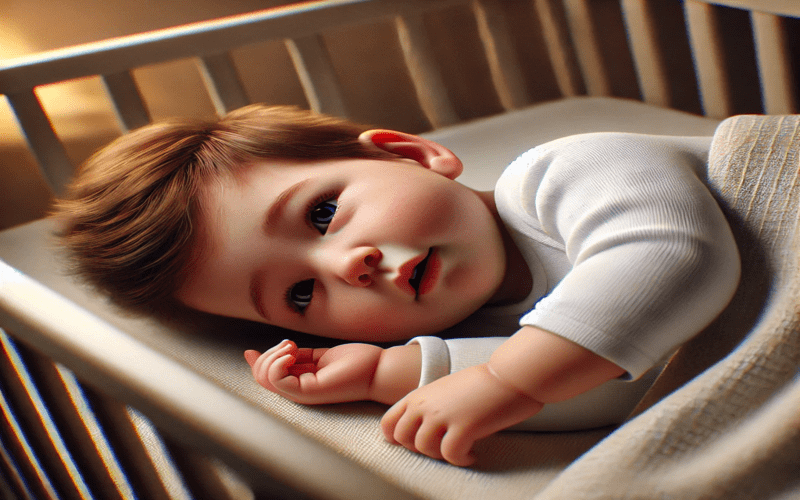 A baby keeps rolling over in sleep and waking up, looking slightly restless while adjusting to a comfortable sleeping position.