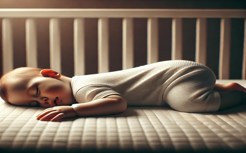 A baby named Bea, wearing a soft white onesie, is rolling over in sleep face down in a crib. This image captures a baby rolling over in sleep face down, highlighting the importance of a safe sleep environment. The warm lighting creates a cozy and peaceful nursery atmosphere.