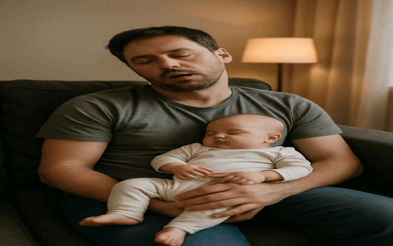 Father accidentally fell asleep holding baby on the couch after newborn care