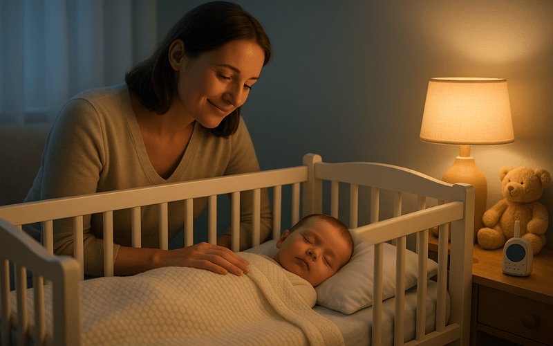 A mother gently soothes her baby at bedtime, demonstrating how to help a colic baby sleep at night through comfort and routine.