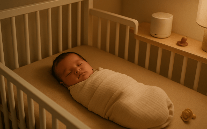 Swaddled newborn sleeping alone in crib—shows how to get my newborn to sleep without being held