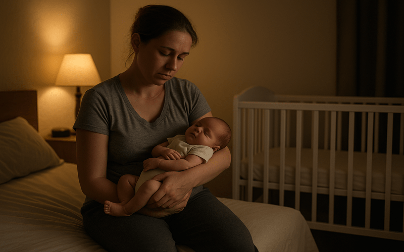 A mother holds her sleeping newborn in a dimly lit bedroom at night, while the crib remains empty — a tender yet exhausting moment when a newborn won't sleep unless held at night.