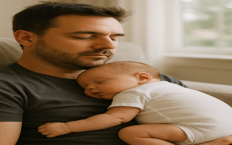 Father bonding with newborn during skin-to-skin contact, showing the benefits of baby sleeping on tummy on my chest for comfort, warmth, and emotional connection.