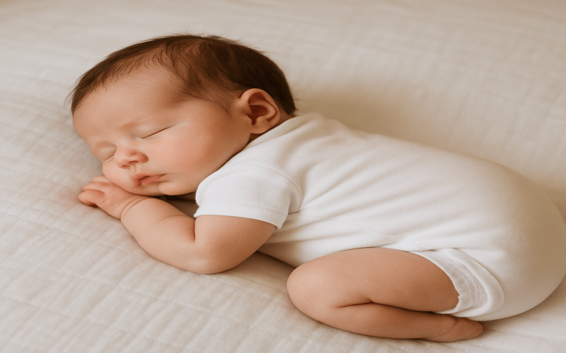 Newborn baby peacefully sleeping on his side, showing a common concern for parents—my newborn rolls to his side while sleeping.