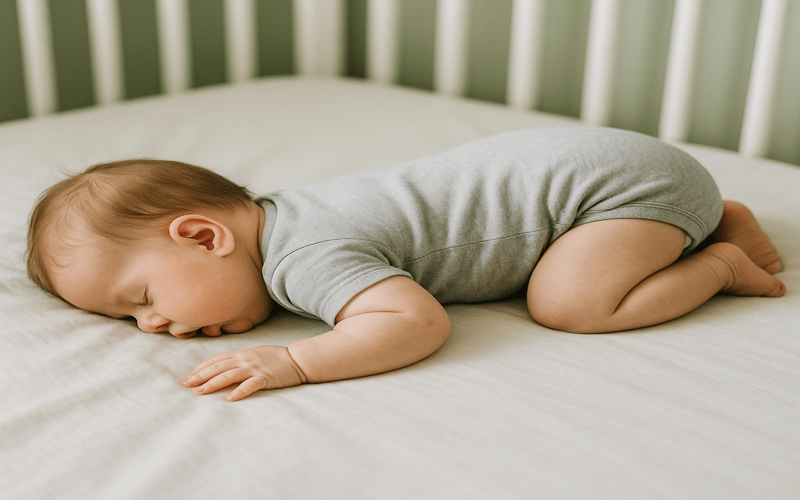 Peacefully sleeping baby rolling over in sleep face down on a soft crib mattress with a calm nursery background.