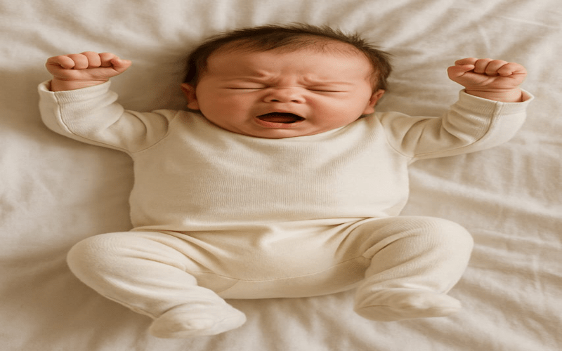 Baby jumps in sleep and wakes up with raised arms and eyes closed, lying on a soft white bed