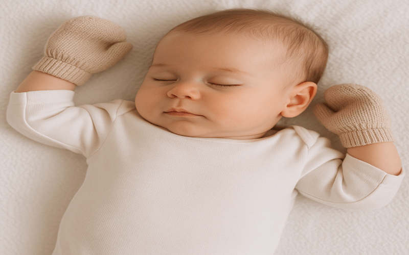 Sleeping baby wearing beige mittens and a white onesie, representing the topic can babies sleep with mittens