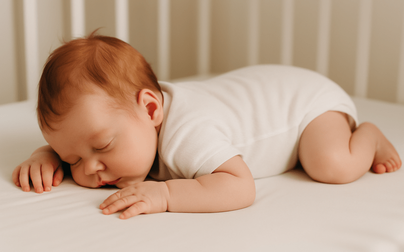 Colic baby will only sleep on stomach while resting in crib wearing white onesie
