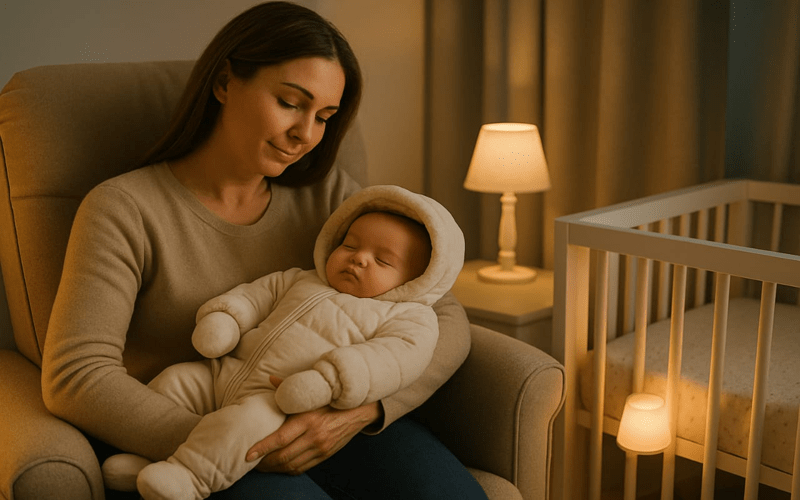 A loving mother sits in a cozy nursery at night, holding her peacefully sleeping baby dressed in a thick, padded winter onesie with a hood—clearly demonstrating how to dress baby for sleep in winter with safe, warm, and breathable layers to ensure comfort in cold temperatures.