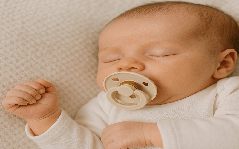 A realistic image of a newborn baby peacefully sleeping with a pacifier in mouth, representing the concept can newborn sleep with pacifier in mouth safely and comfortably.