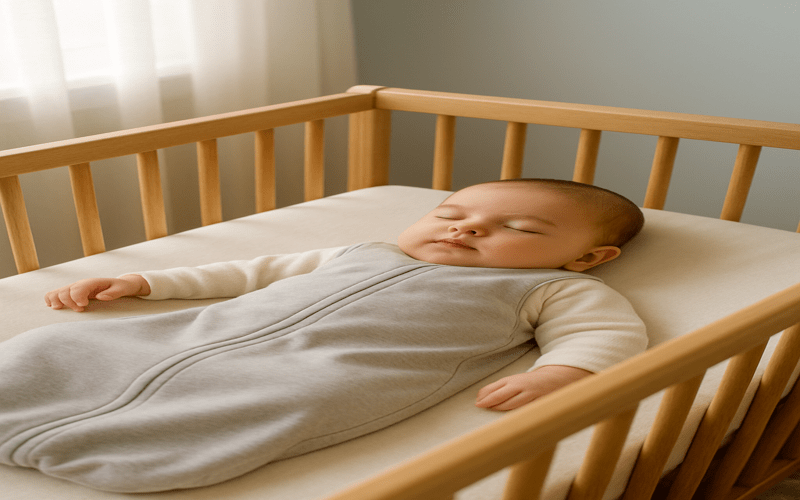 Newborn sleeping in a crib wearing a safe and cozy sleep sack – what should newborn wear to sleep