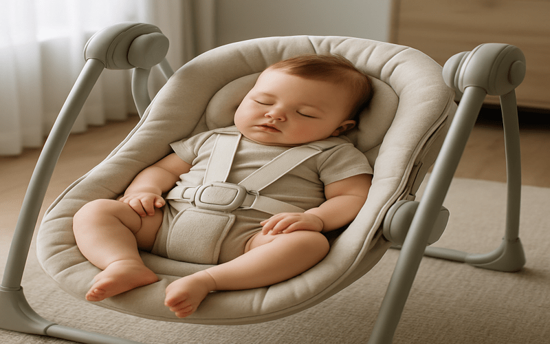 A newborn baby sleeps soundly in a cushioned swing, visually representing the safety concerns and time limits related to how long can a baby sleep in a swing.