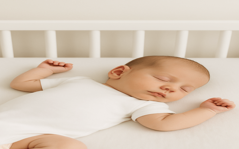 Newborn baby sleeping peacefully without a swaddle, supporting the question can my newborn sleep without a swaddle