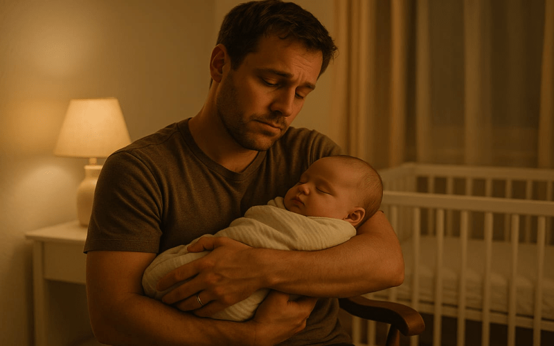 A tired father rocking his sleeping baby in a dimly lit nursery, thoughtfully wondering when do you stop rocking baby to sleep, with a crib and soft lamp in the background.