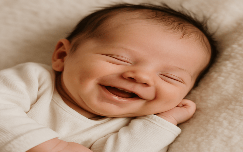 High-resolution image of a sleeping newborn smiling softly, showing a real-life example of why do newborns smile in their sleep — peaceful, healthy, and natural sleep behavior.