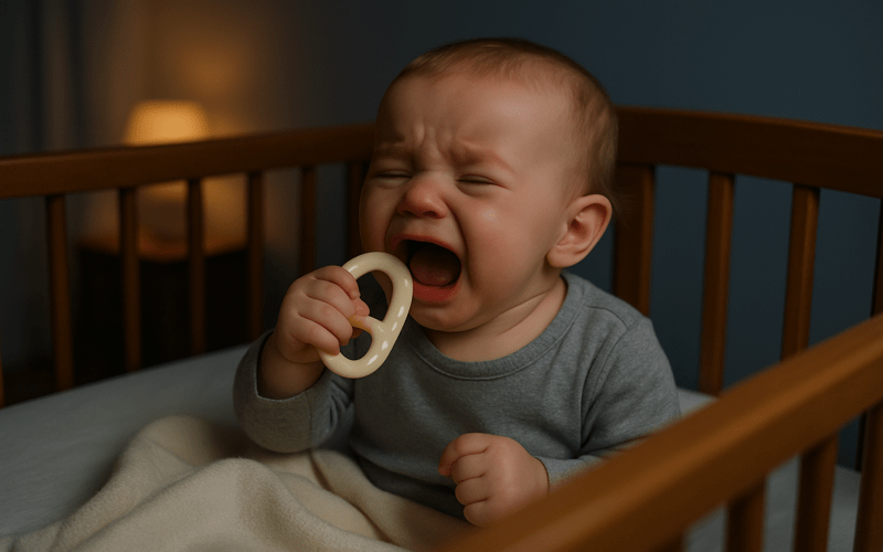 teething baby won't sleep at night crying in crib with teether