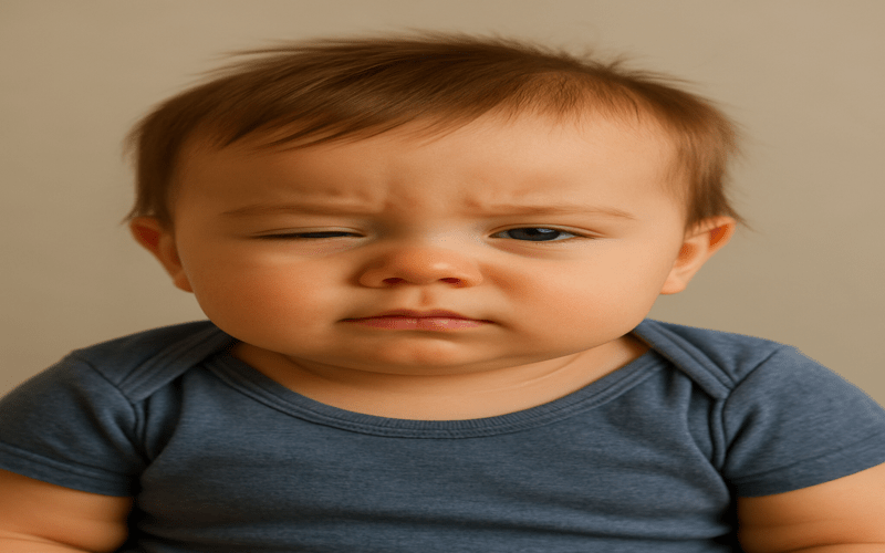 Baby eye twitching while awake with one eye slightly closed and a thoughtful expression.