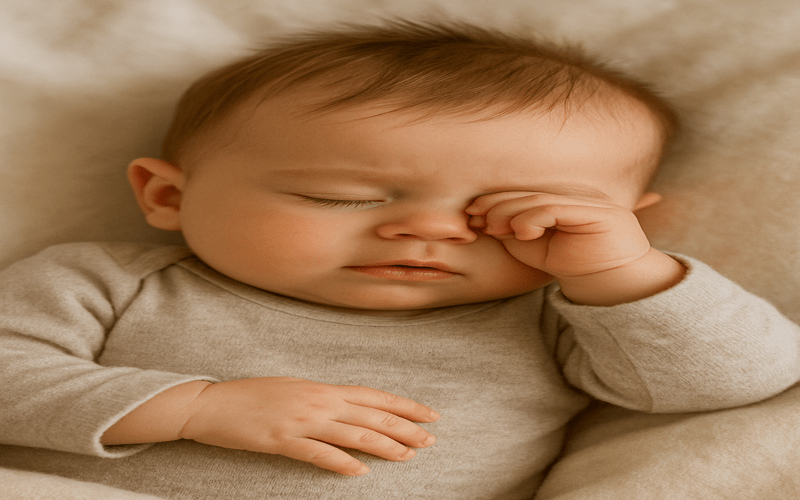 A peaceful baby keeps rubbing eyes while sleeping, showing signs of tiredness and comfort during rest.

