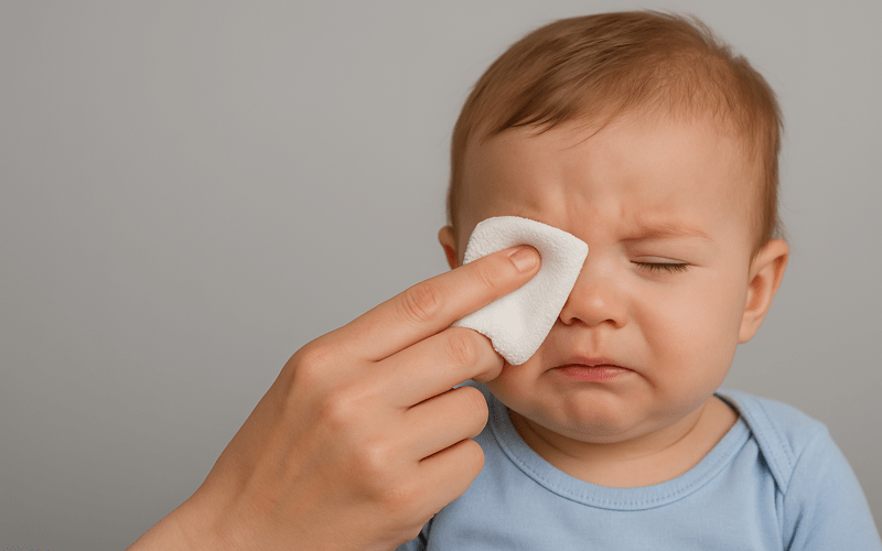 Parent tending to infant’s eye after they accidentally got breast milk in baby's eye, using a soft white cloth for gentle care.