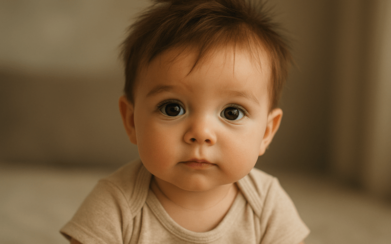 Baby gazing with bright eyes, symbolizing how much eye contact is normal for babies in the early months of development.