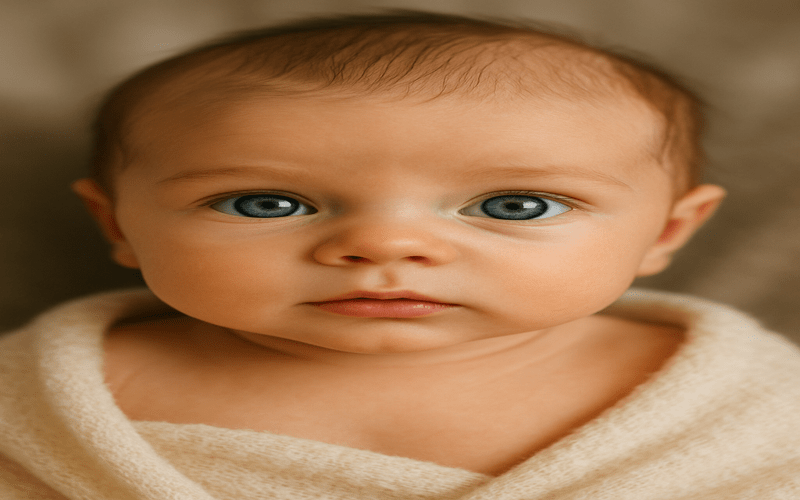 A close-up of a newborn baby with beautiful grey-blue eyes, highlighting the question are all babies born with grey eyes.