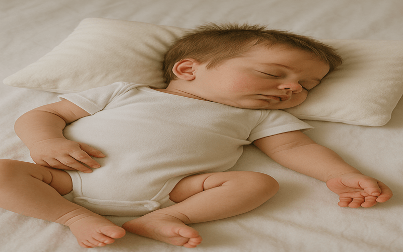 Baby sleeping on pillow bad for back – highlights poor posture and spinal risk.