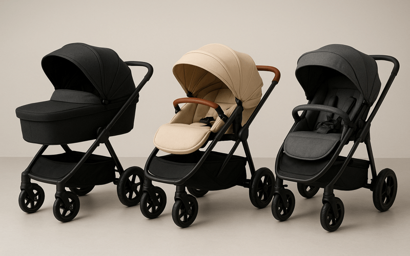 Three modern baby strollers designed for newborns, featuring durable wheels, cozy seating, and protective canopies – perfect choice for parents looking for the best strollers for newborns.
