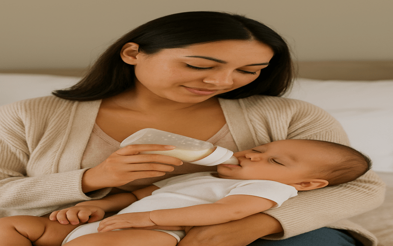 A mother lovingly bottle-feeds her baby while they sleep, reflecting the calm stage parents consider when to stop dream feeding baby.