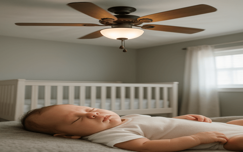 Newborn baby sleeping under a ceiling fan, illustrating the topic will ceiling fan make newborn sick with safe airflow in a cozy nursery.