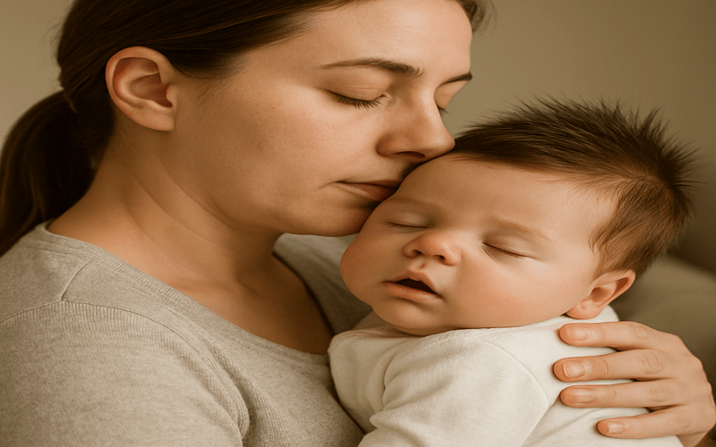 This high-quality image shows a baby peacefully sleeping in the mother’s arms, capturing a real-life moment many parents face. It visually represents the concern: what if baby doesn't burp and falls asleep after feeding. The scene reflects warmth, safety, and a common situation where the baby drifts off to sleep before being burped.