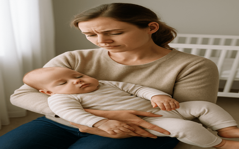 A tired-looking mother holding a sleeping baby in her arms, reflecting on what age to stop rocking baby to sleep.