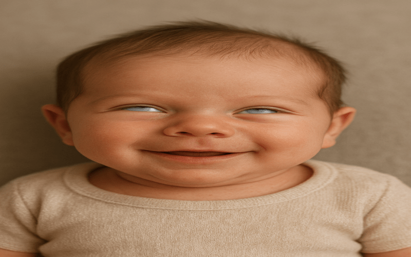 Smiling newborn baby with eye rolling expression – newborn eye rolling and smiling close-up photo.